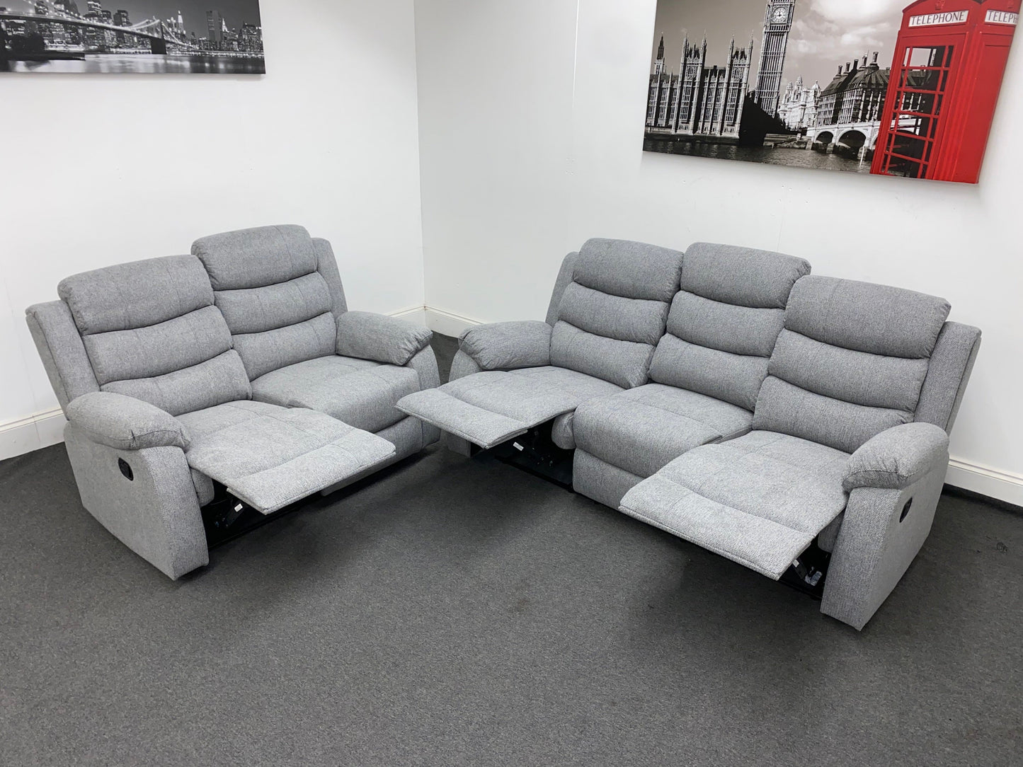 ‘Lewson’ Reclining Grey Fleck Fabric 3 Seater + 2 Seater Sofa Set + Drinks Tray Table | Couch |