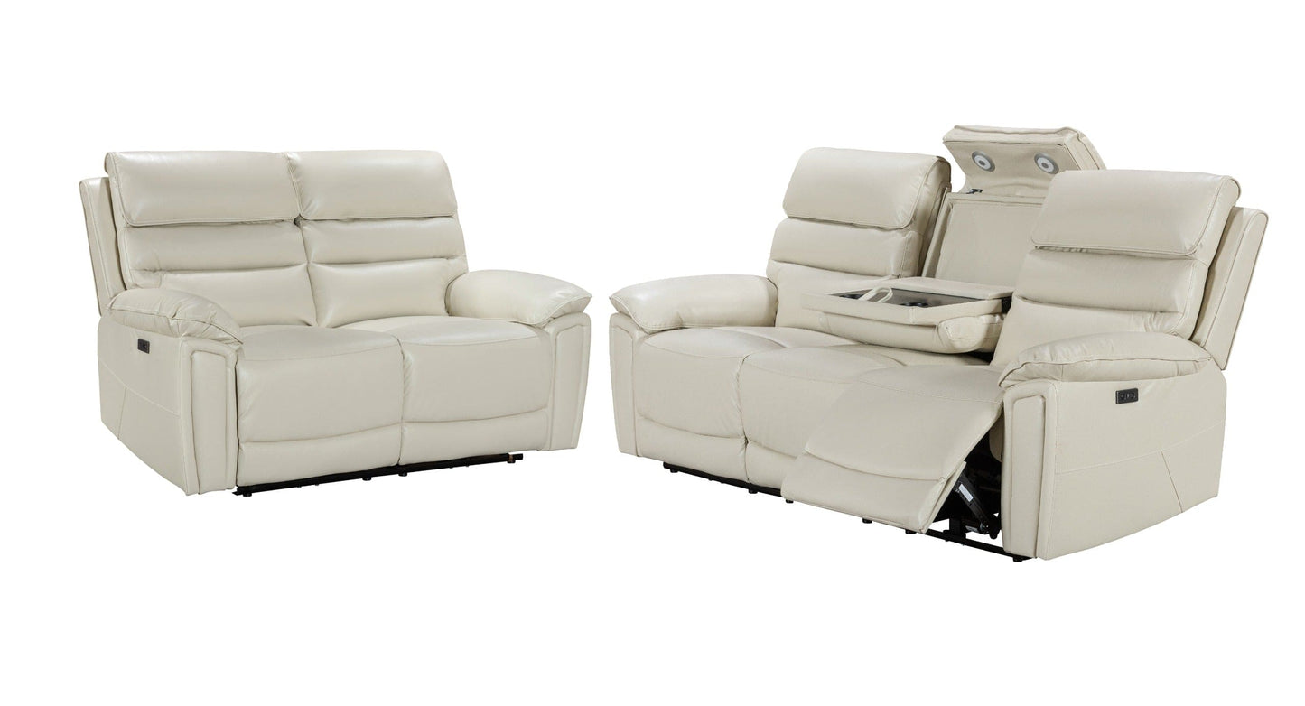 Donald Ivory Cream Leather Electric / Power Reclining Sofa Range Suite Set With USB Charging Ports & Drop Down Tray Table