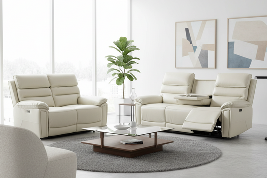 Donald Ivory Cream Leather Electric / Power Reclining 3 Seater + 2 Seater Sofa Set With USB Charging Ports & Drop Down Tray Table