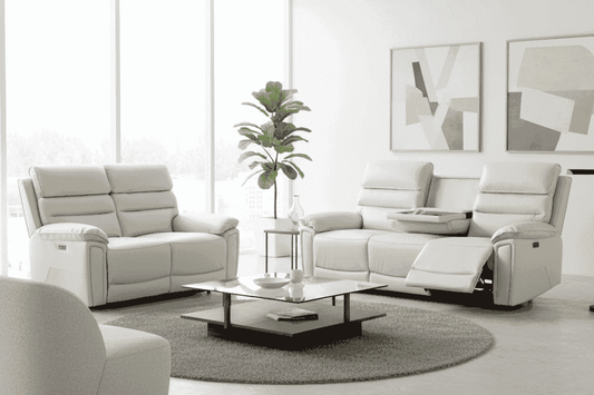 Donald Ivory Cream Leather Electric / Power Reclining 3 Seater + 2 Seater Sofa Set With USB Charging Ports & Drop Down Tray Table