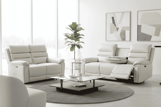 Donald Ivory Cream Leather Electric / Power Reclining 3 Seater + 2 Seater Sofa Set With USB Charging Ports & Drop Down Tray Table