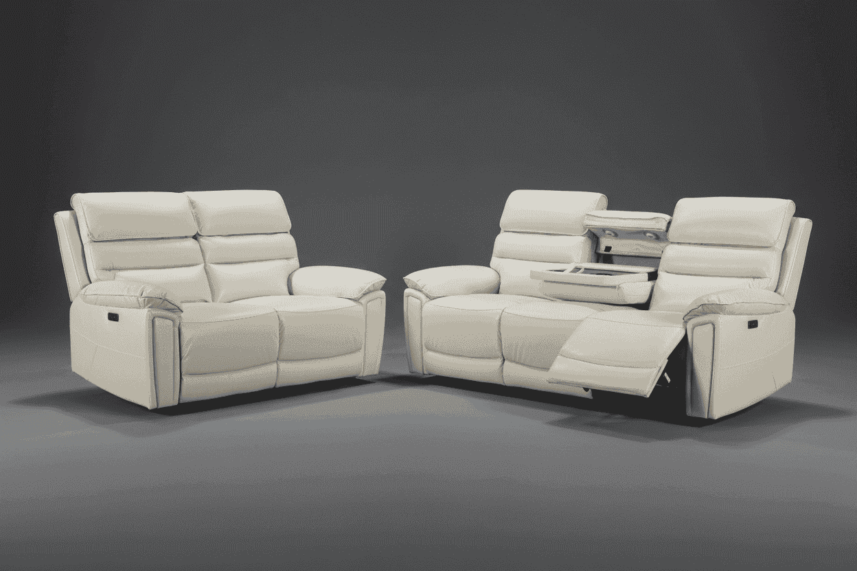 DFS Lawson Ivory Cream Leather Electric Reclining Sofa Range Suite Set With USB Charging Ports & Drop Down Tray Table