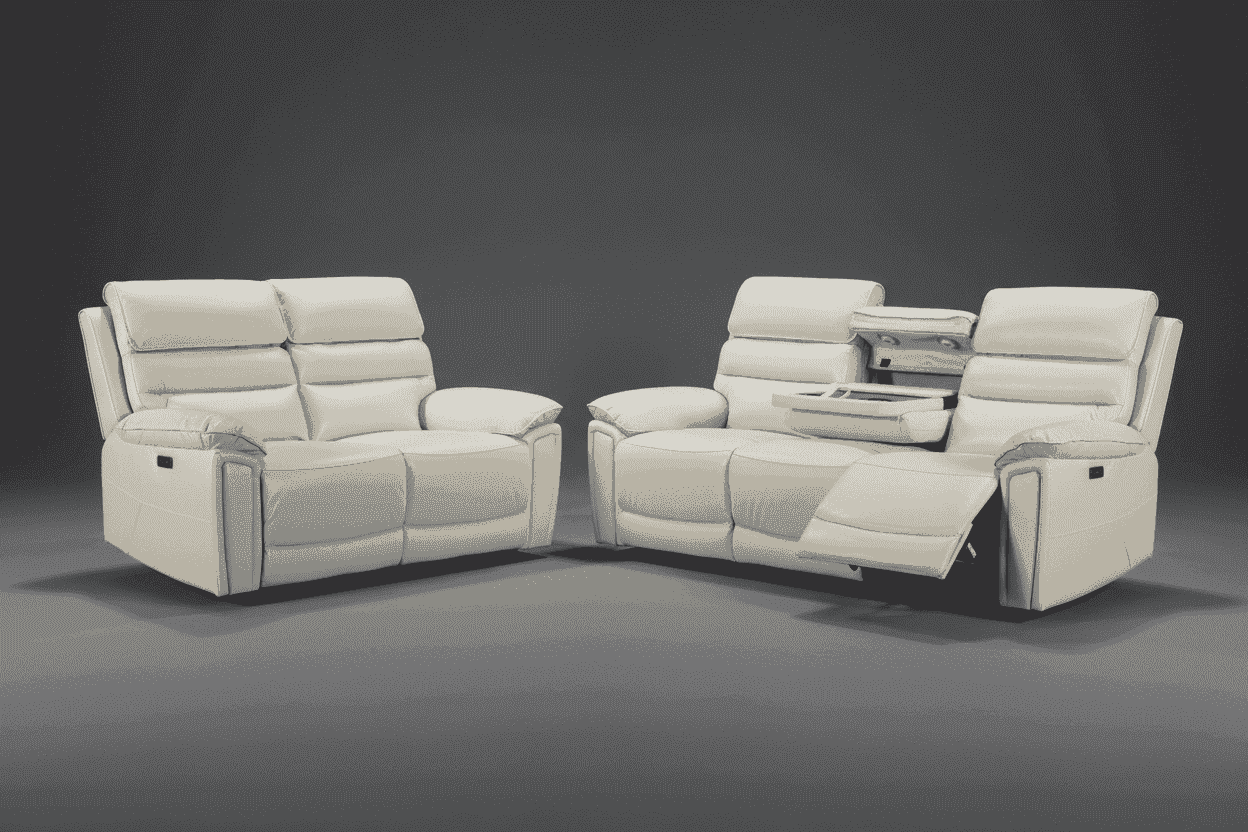 Calisese Ivory Cream Leather Electric Reclining Sofa Range Suite Set With USB Charging Ports & Drop Down Tray Table