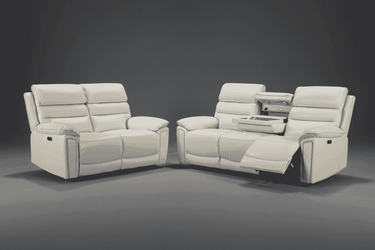 (Back In Stock November 20th) Calisese Ivory Cream Leather Electric Reclining Sofa Range Suite Set With USB Charging Ports & Drop Down Tray Table