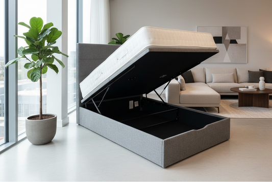 'Indulgence' Grey Fabric Ottoman Bed Frame & Firm Mattress Package - Available In 4'6ft Double or 5ft King