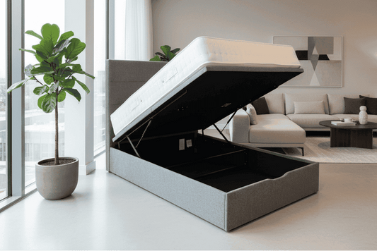 'Indulgence' Grey Fabric Ottoman Bed Frame & Firm Mattress Package - 2 Sizes Available