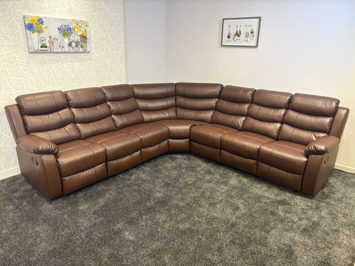 "Lando" Brown Leather 3C3 Recliner Corner Sofa | Drinks Tray Table x 2 | Modular