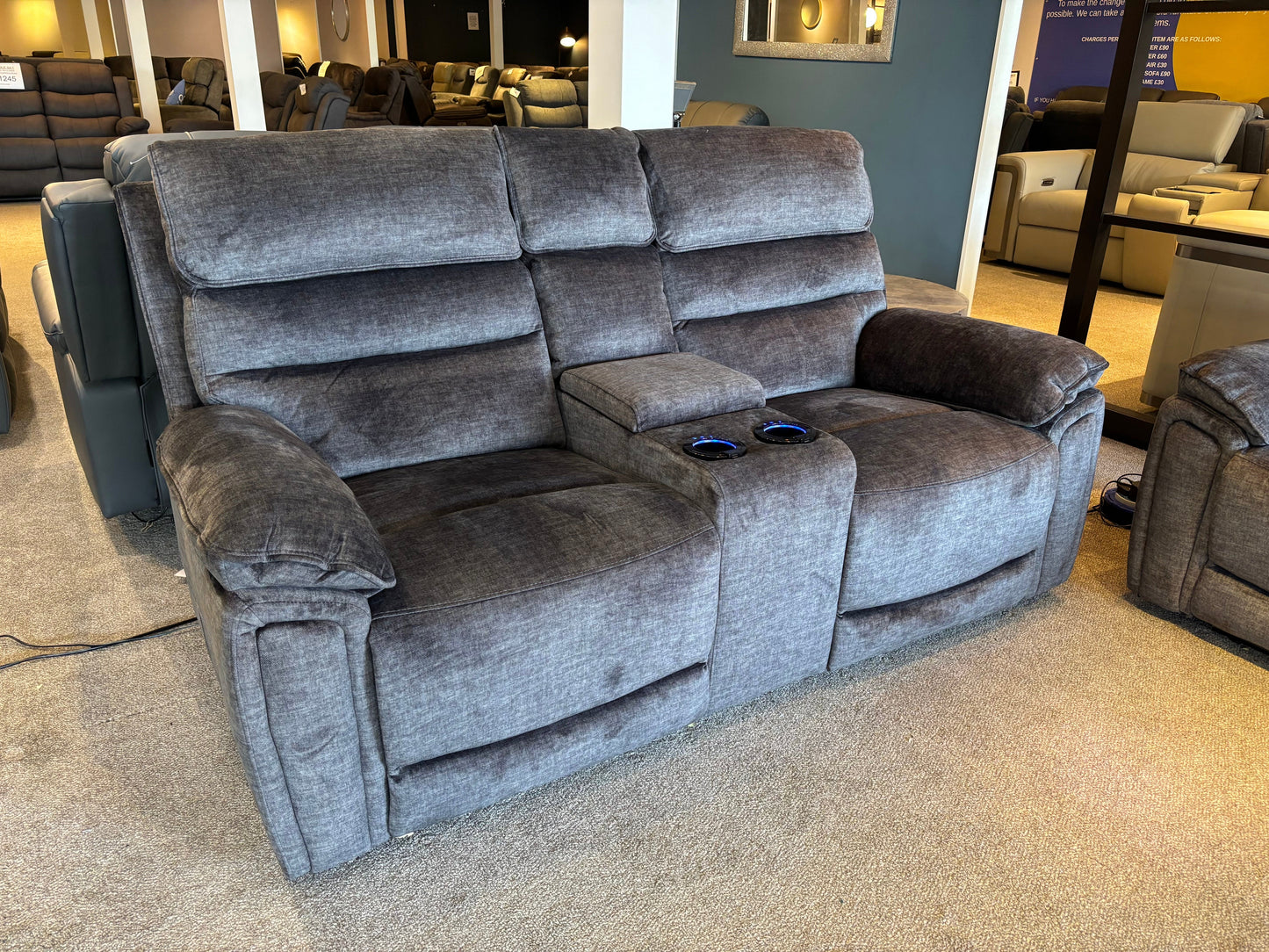 The “ Donald " Electric / Power Reclining Charcoal Grey Fabric 2 Seater Tech Sofa - USB Charging & Drinks Coolers Plus High Seating & Backrest Position | Couch |