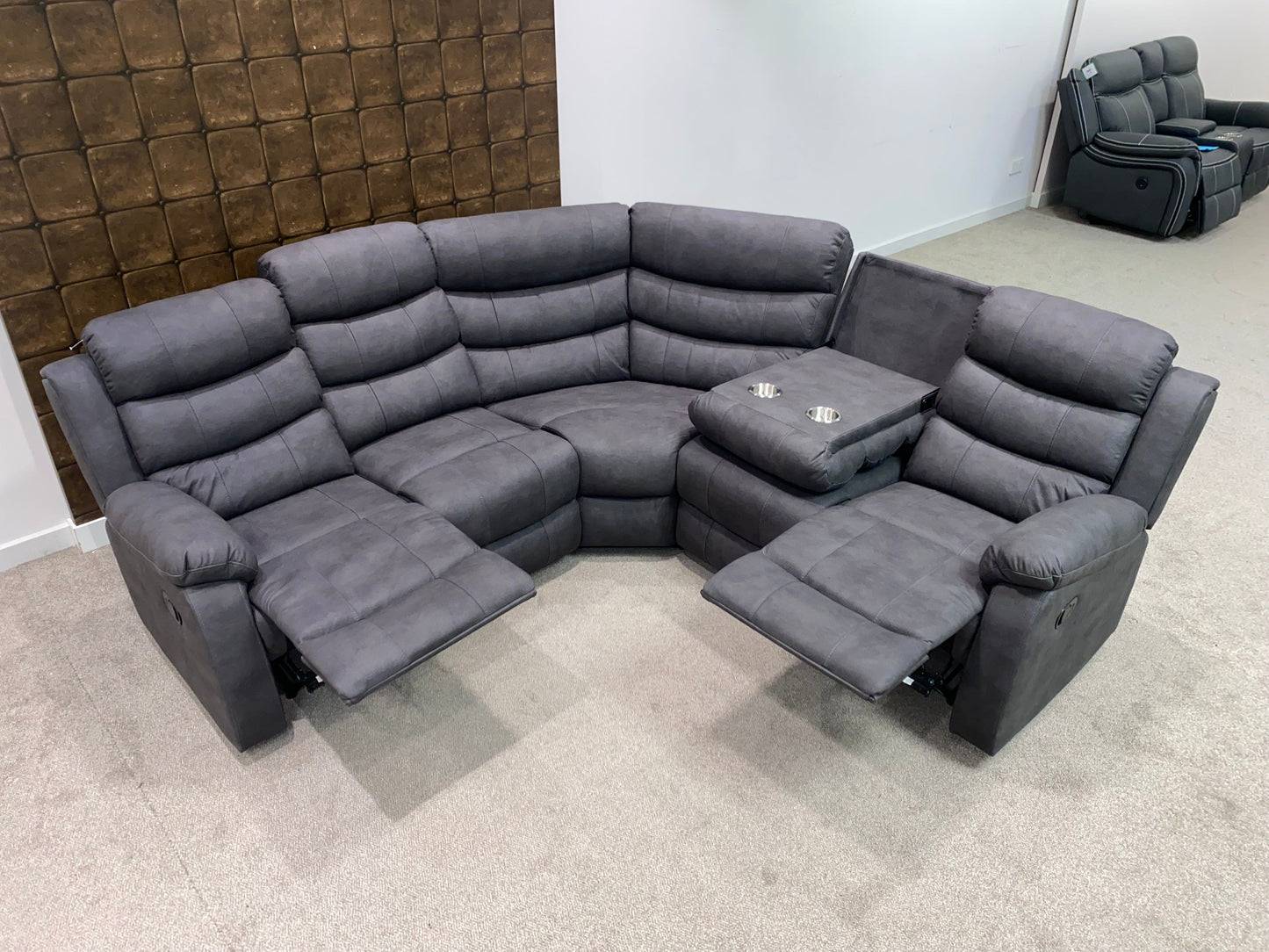 "Willow" Dark Grey Easy Clean Fabric 2C2 Recliner Modular Corner Sofa | Drinks Tray Table