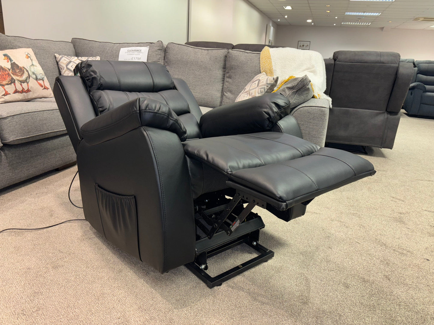 Dual Motor Electric Lando Black Leather Rise & Recliner 1 Seater Sofa / Armchair