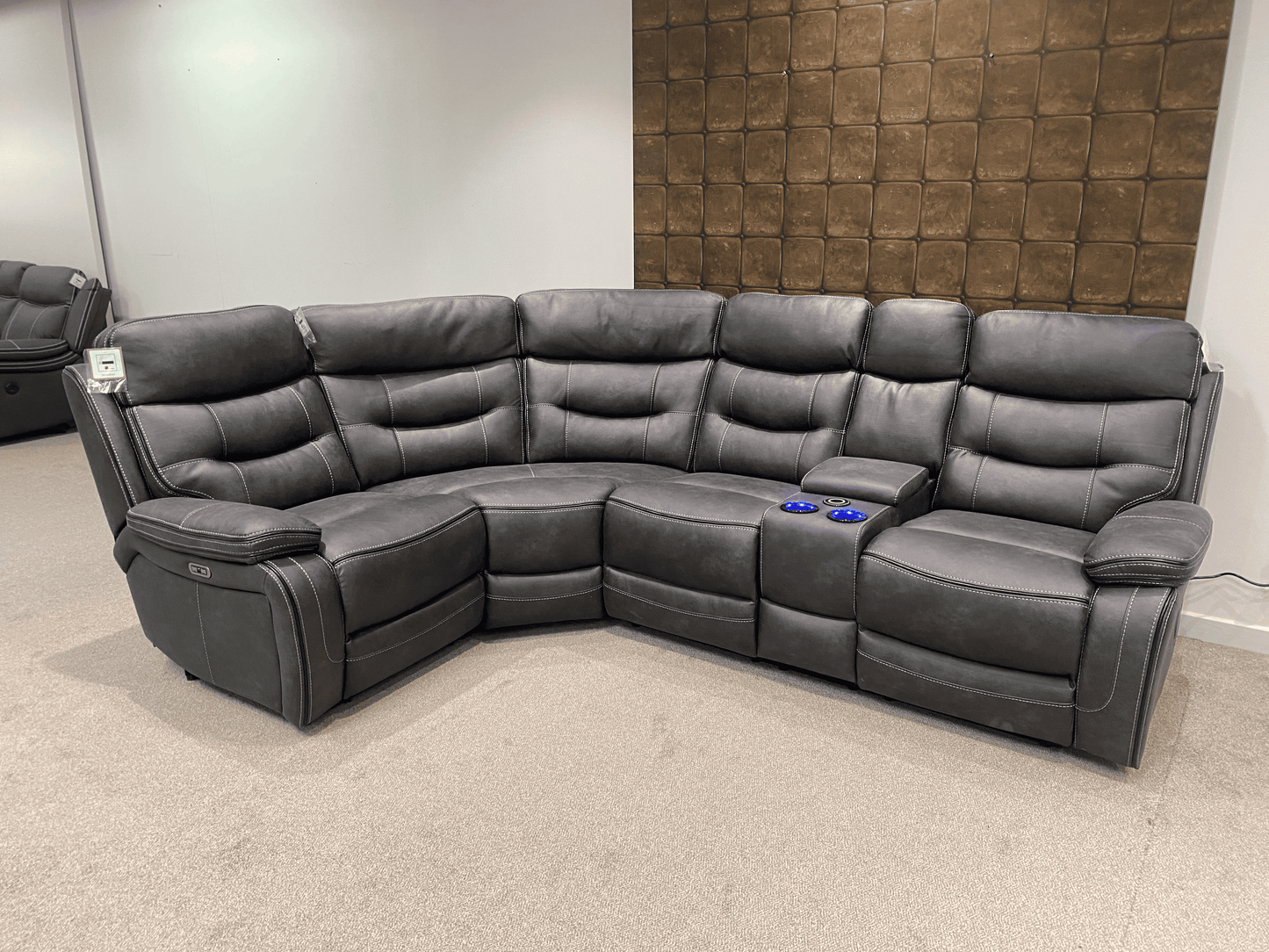 Cinema LHF Corner Sofa | Power Headrests | Drinks Coolers | Wireless Charging | Bluetooth Speakers | Express Smart Tech Grey Fabric Power Recliner Corner Sofa