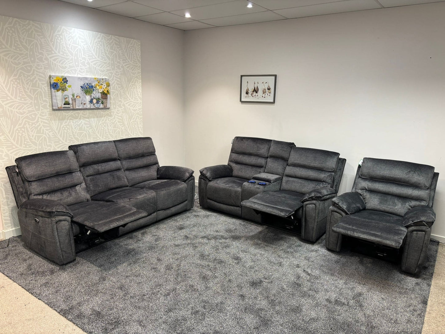 The “ Donald " Electric / Power Reclining Charcoal Grey Fabric Sofa Set - USB Charging & Drinks Tray Table Plus High Seating & Backrest Position | Couch |