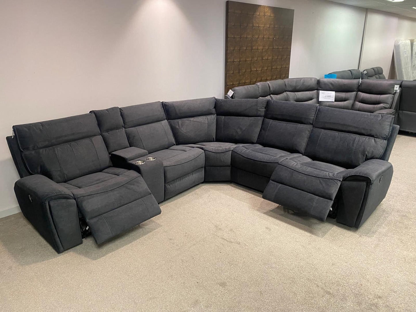 " Ronan " Sectional 6 Unit Plush Fabric Power Recliner Corner Sofa With USB Charing Ports + Drinks Console | Couch |