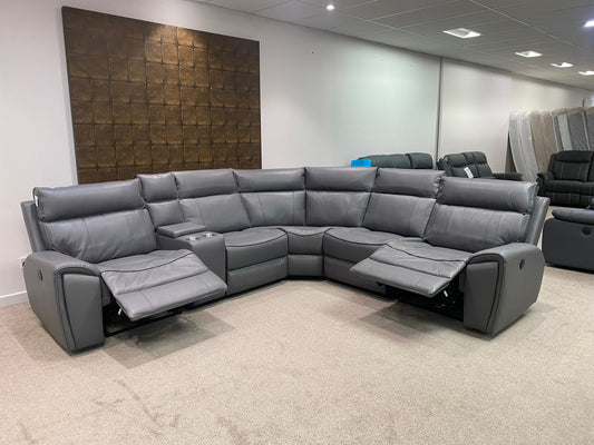 " Ronan " Milano Leather Sectional 6 Unit Power Recliner Corner Sofa With USB Charing Ports + Drinks Console | Couch |