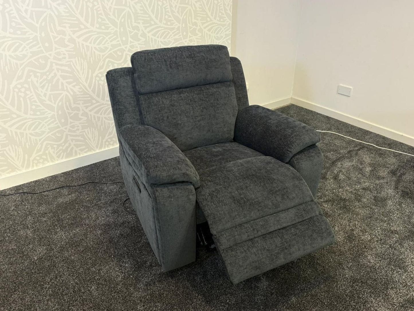 "Barretta" Electric / Power Reclining Grey Fabric Sofa Set - USB Charging & Drinks Tray Table