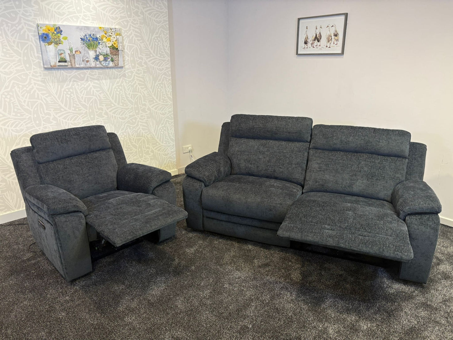 "Barretta" Electric / Power Reclining Grey Fabric Sofa Set - USB Charging & Drinks Tray Table