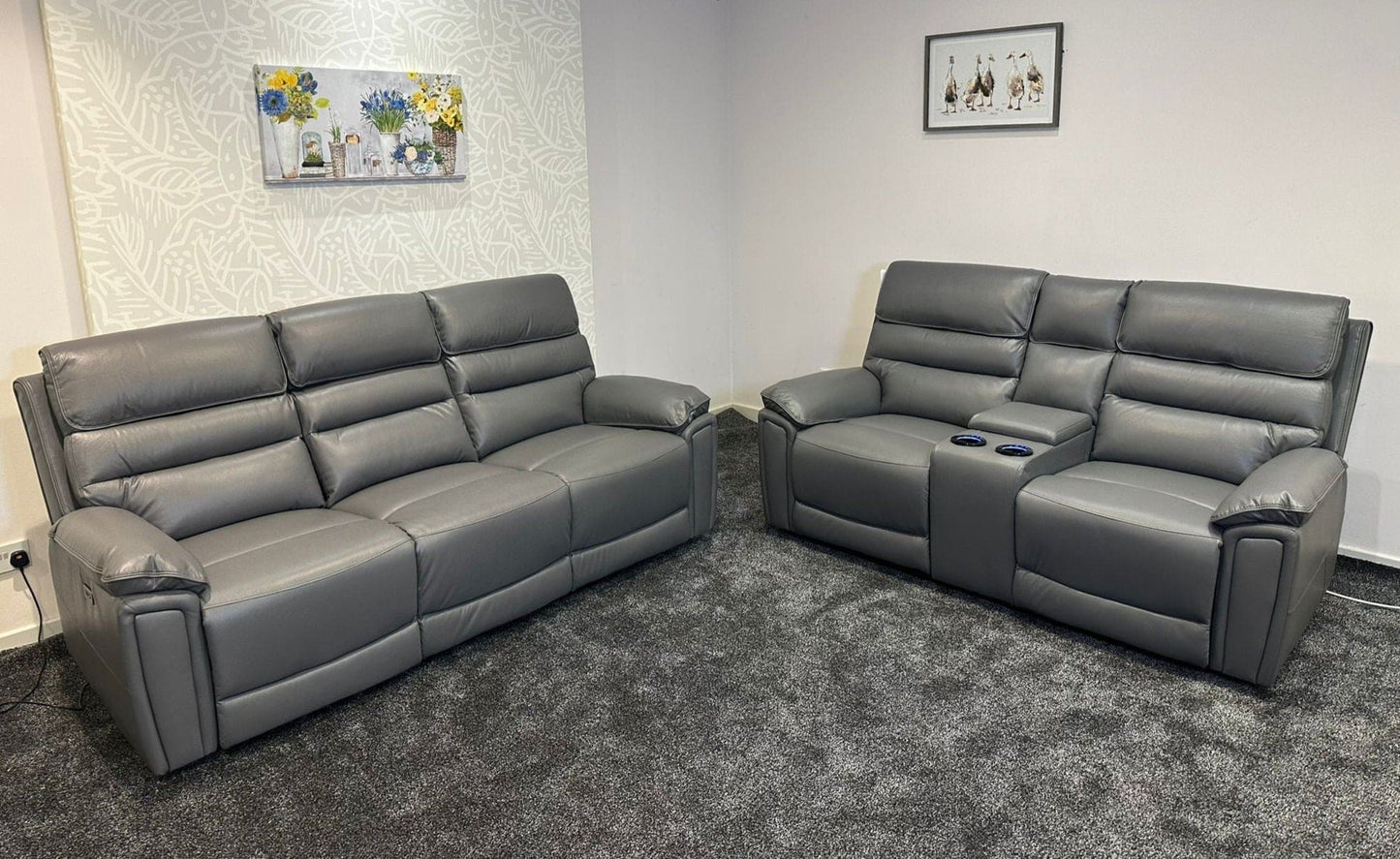 Donald Grey Leather Electric / Power Reclining 3 Seater + 2 Seater Sofa Suite Set With Drinks Coolers USB Charging Ports & Drop Down Tray Table