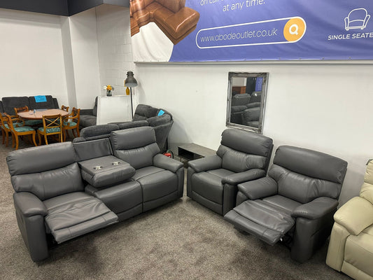 DFS MILANO Grey Leather Electric Reclining 3 + 1 + 1 Seater Sofa Suite Set + USB Ports & Drinks Tray Table | Couch |