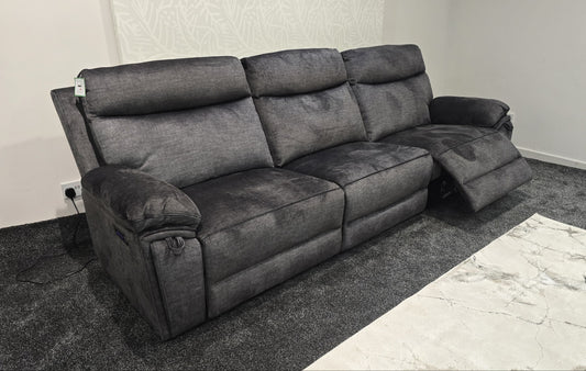 "Xavier" 5 Seater Sofa In Grey Plush Fabric & Comes With Power Recliners, USB Charging Ports & Fold Out Cup Holders. LAF + RAF Armless