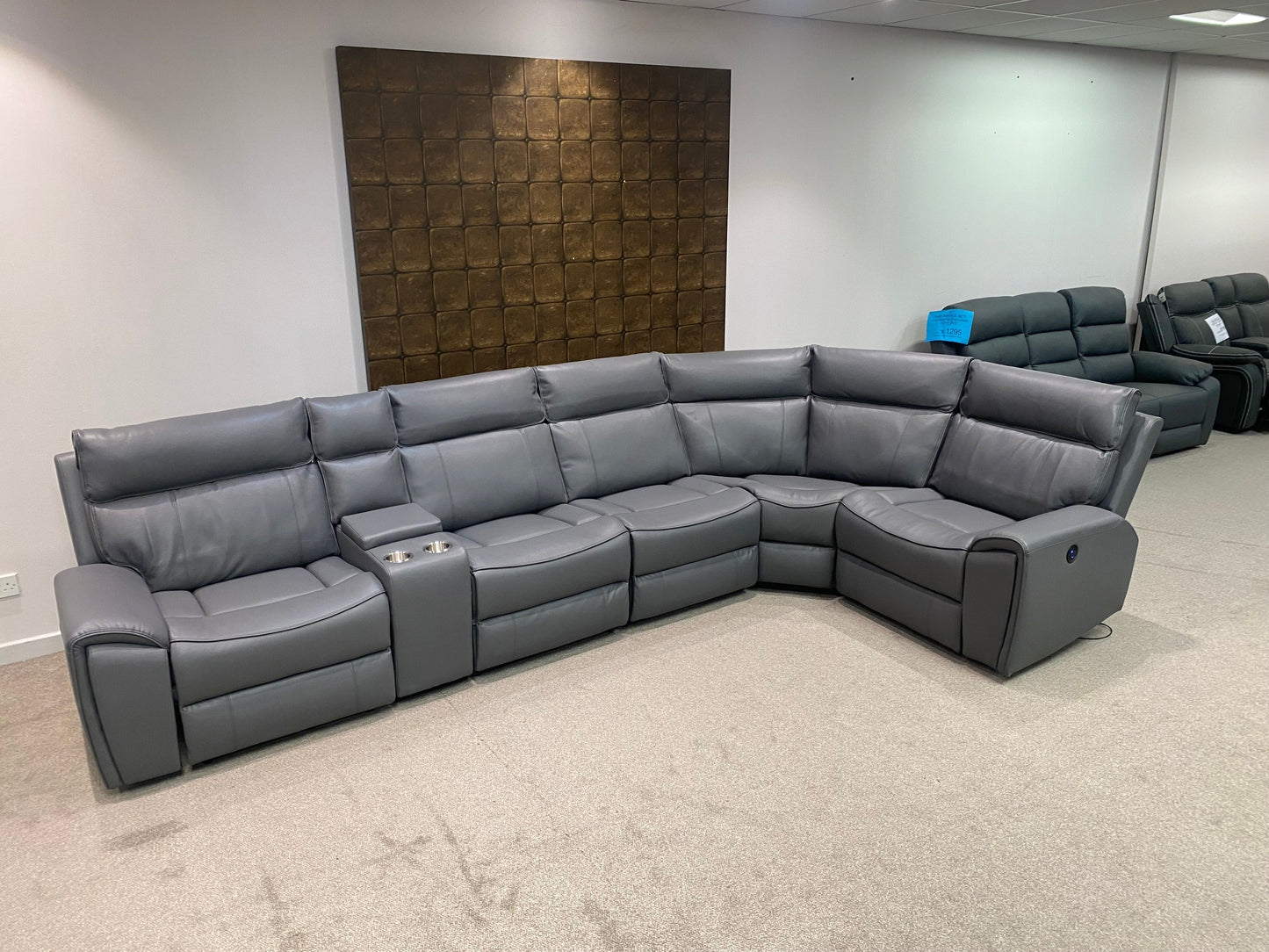 " Ronan " Milano Leather Sectional 6 Unit RHF Power Recliner Corner Sofa With USB Charing Ports + Drinks Console