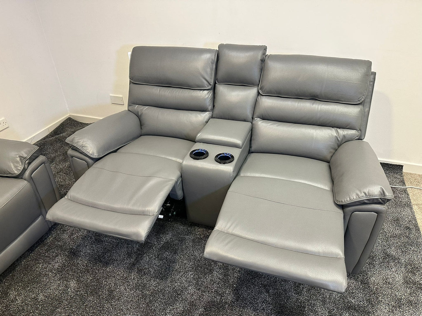 Donald Grey Leather Electric / Power Reclining 3 Seater + 2 Seater Sofa Suite Set With Drinks Coolers USB Charging Ports & Drop Down Tray Table