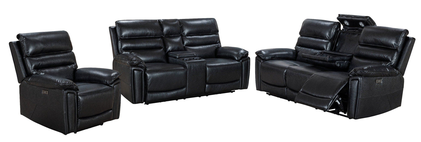Donald Black Leather Electric / Power Reclining Sofa Range Suite Set With USB Charging Ports & Drop Down Tray Table