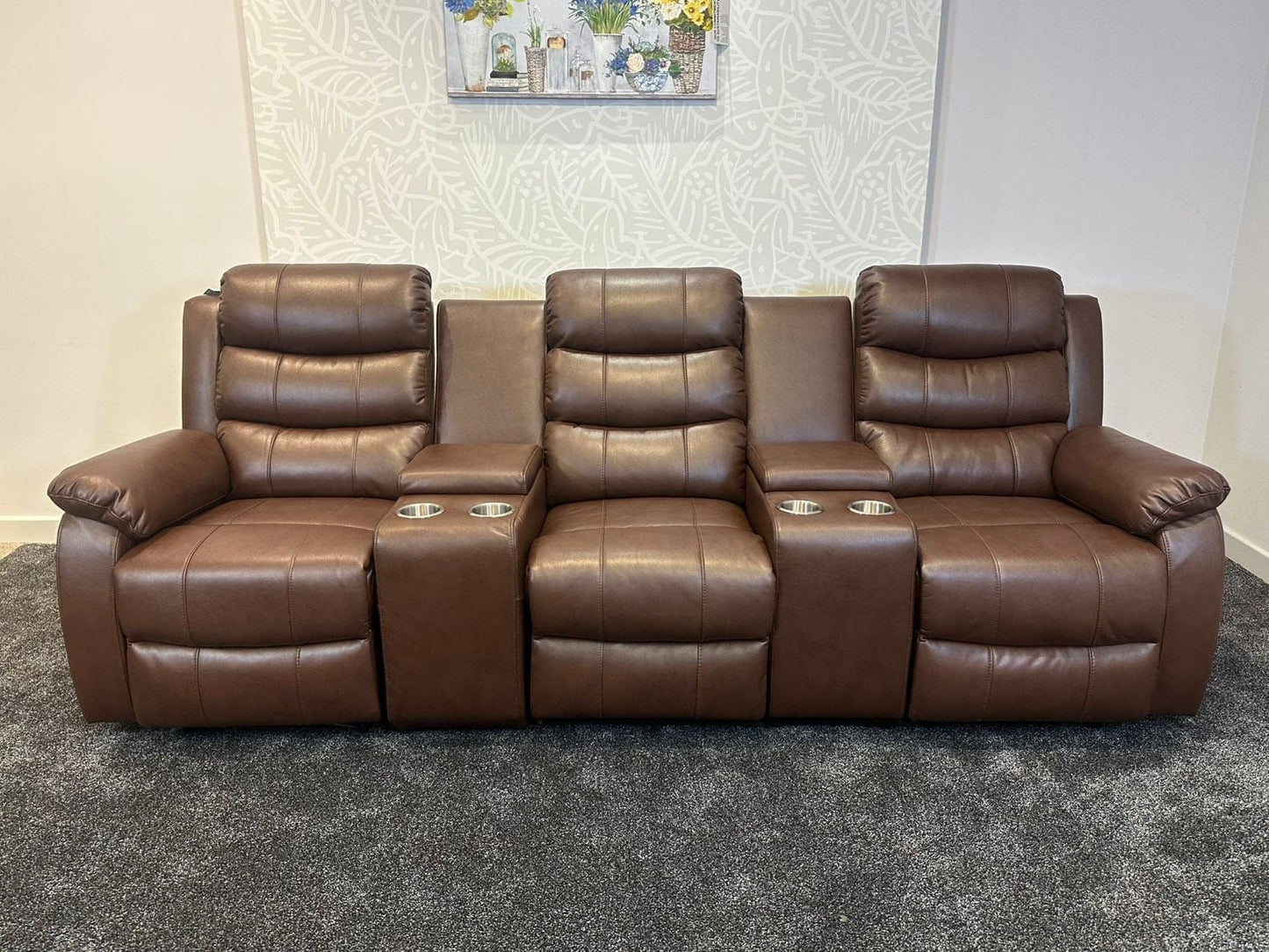 Lando Recliner Brown Leather 3 Seater + 2 Console Sofa