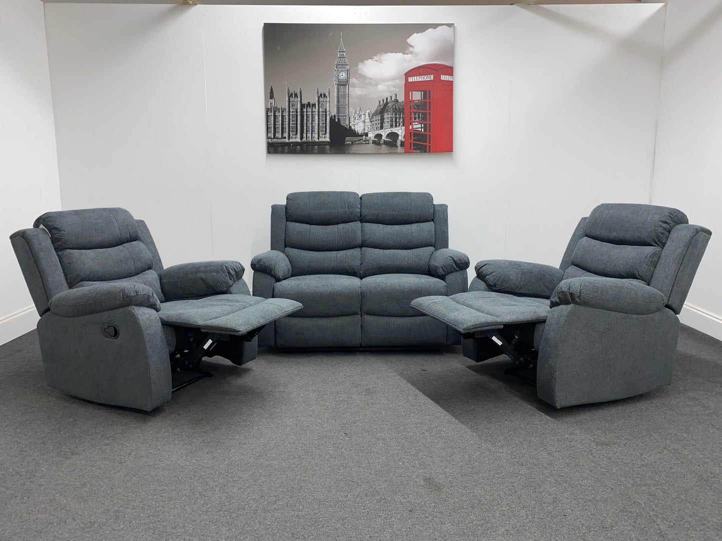 ‘Lewson’ Charcoal Grey Fabric Recliner 2 + 1 + 1 Seater Sofa + Armchair Sofa Suite Set | Couch |