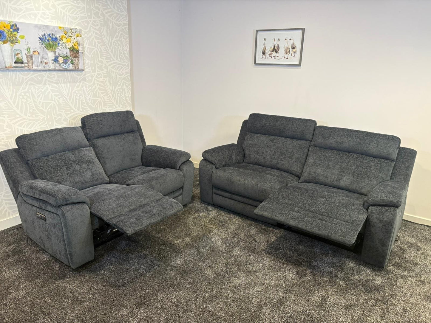 "Barretta" Electric / Power Reclining Grey Fabric Sofa Set - USB Charging & Drinks Tray Table