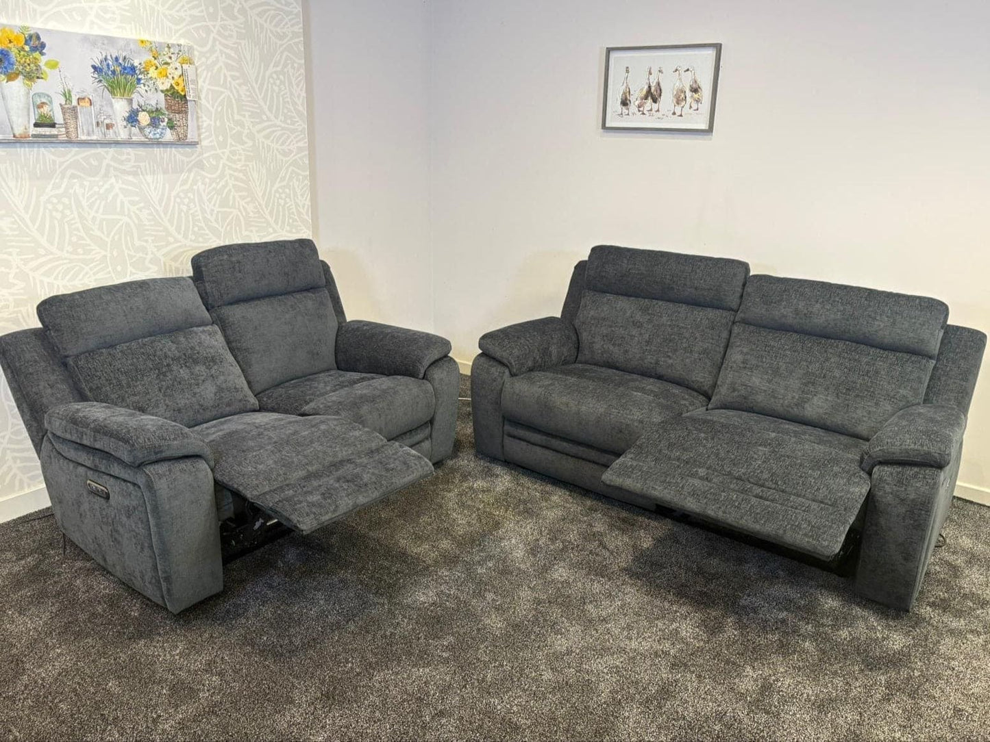 "Barretta" Electric / Power Reclining Grey Fabric Sofa Set - USB Charging Ports