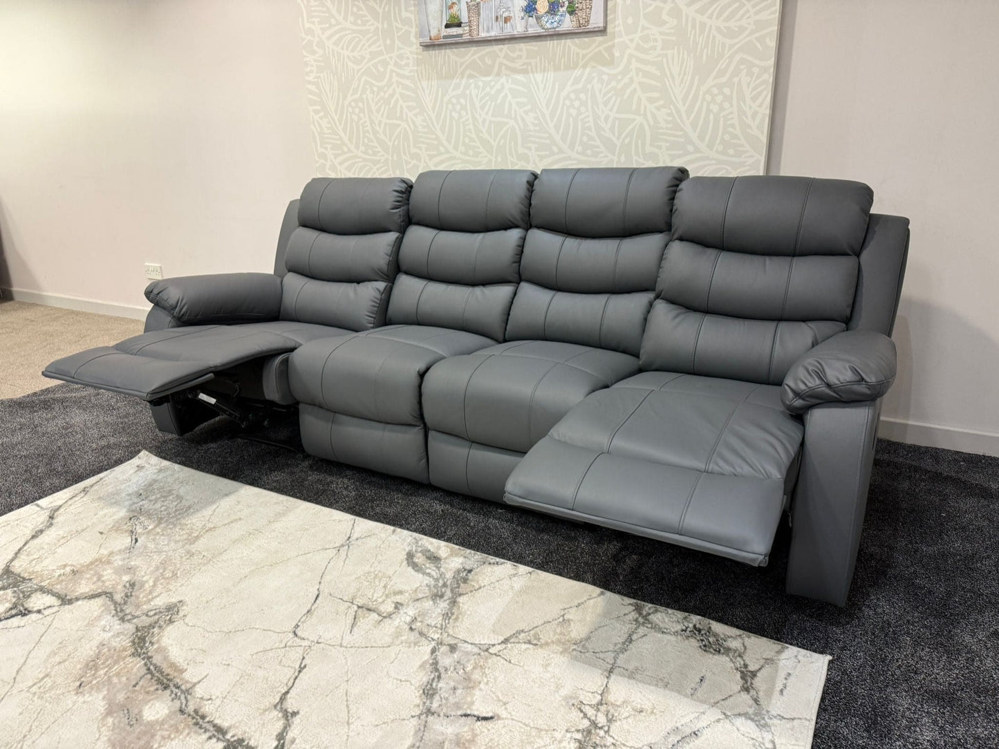 Lando Grey Leather 4 Seater Sofa | Fold Down Tray Table, High Headrest & Seating Position Couch