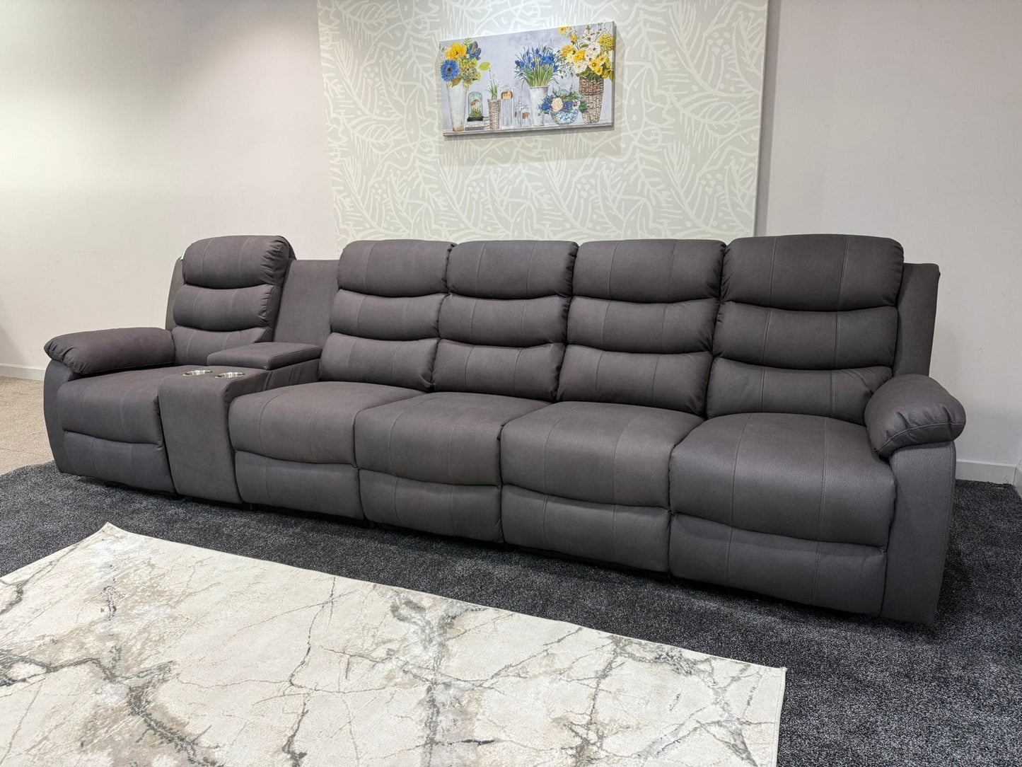 Willow Grey Easy Clean Fabric 5 Seater Sofa With Drinks Console | Fold Down Tray Table, High Headrest & Seating Position Couch