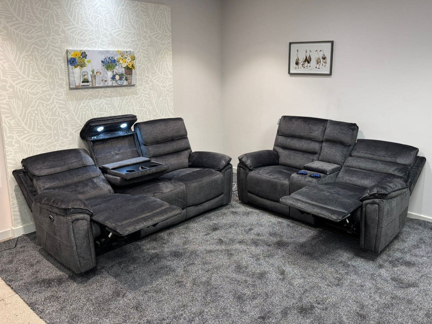 The “ Donald " Electric / Power Reclining Charcoal Grey Fabric Sofa Set - USB Charging & Drinks Tray Table Plus High Seating & Backrest Position | Couch |