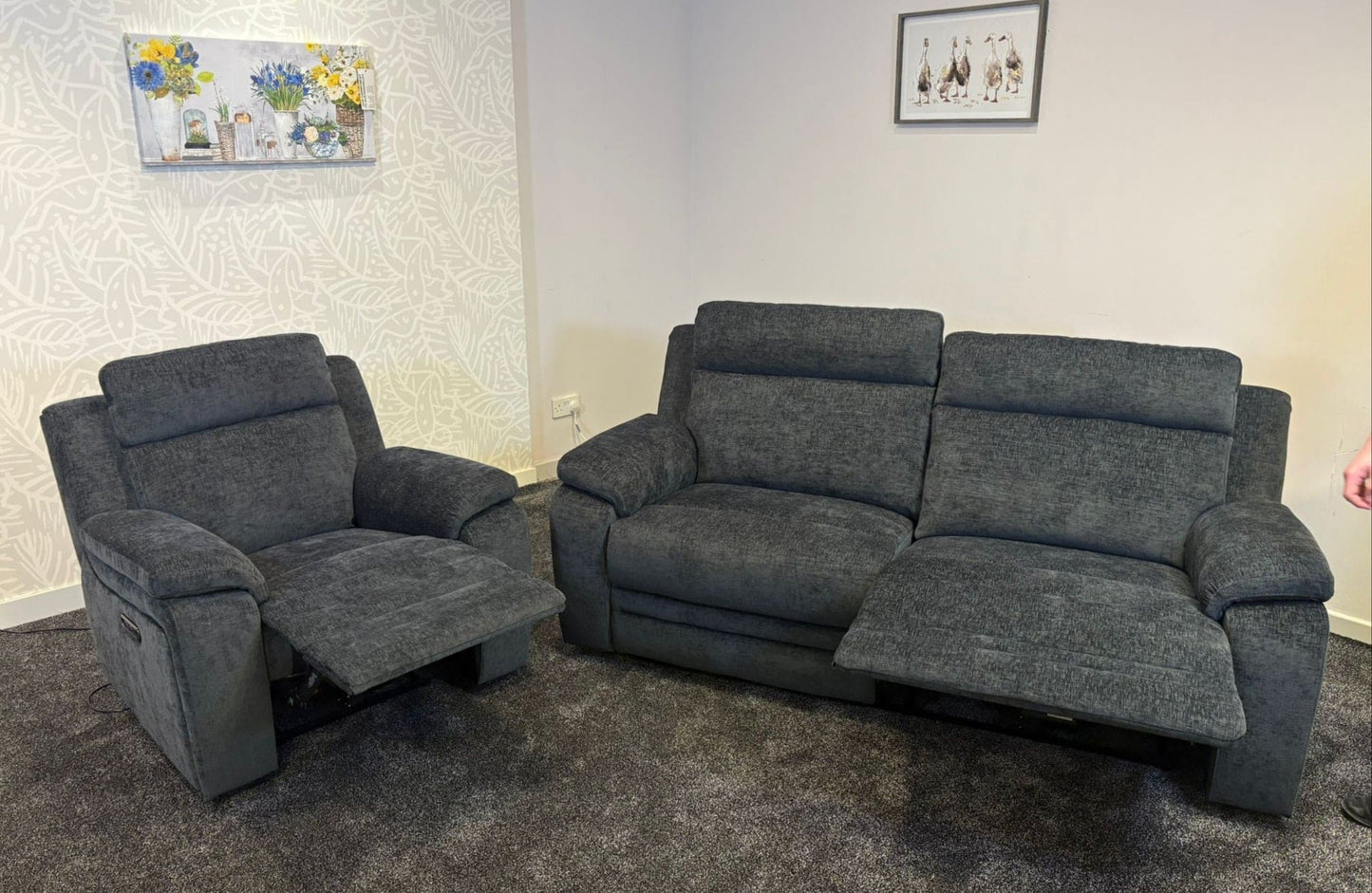 "Barretta" Electric / Power Reclining Grey Fabric Sofa Set - USB Charging & Drinks Tray Table