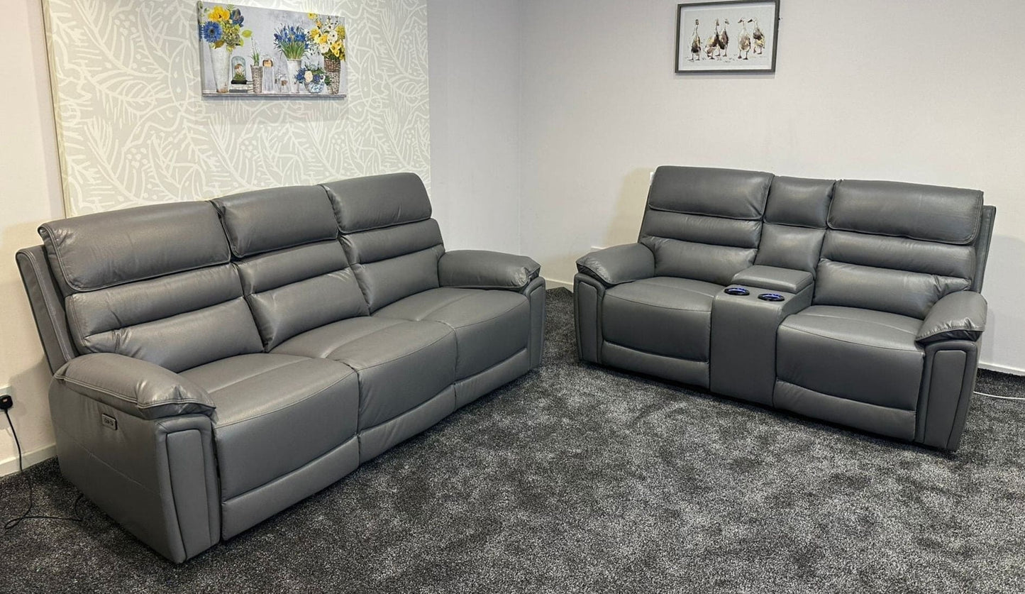 Donald Grey Leather Electric / Power Reclining 3 Seater + 2 Seater Sofa Suite Set With Drinks Coolers USB Charging Ports & Drop Down Tray Table