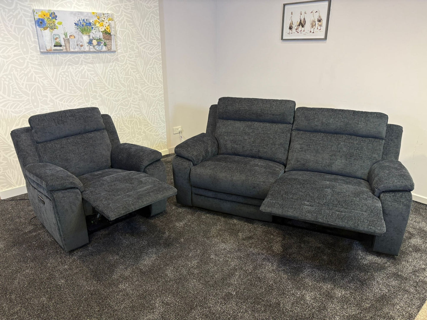 "Barretta" Electric / Power Reclining Grey Fabric Sofa Set - USB Charging & Drinks Tray Table