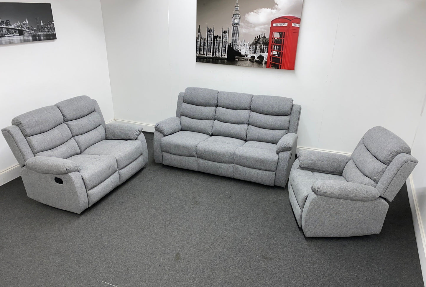 SPECIAL OFFER "Lewson" Manual Reclining Grey Fleck Fabric Sofa Set + Drinks Tray Table