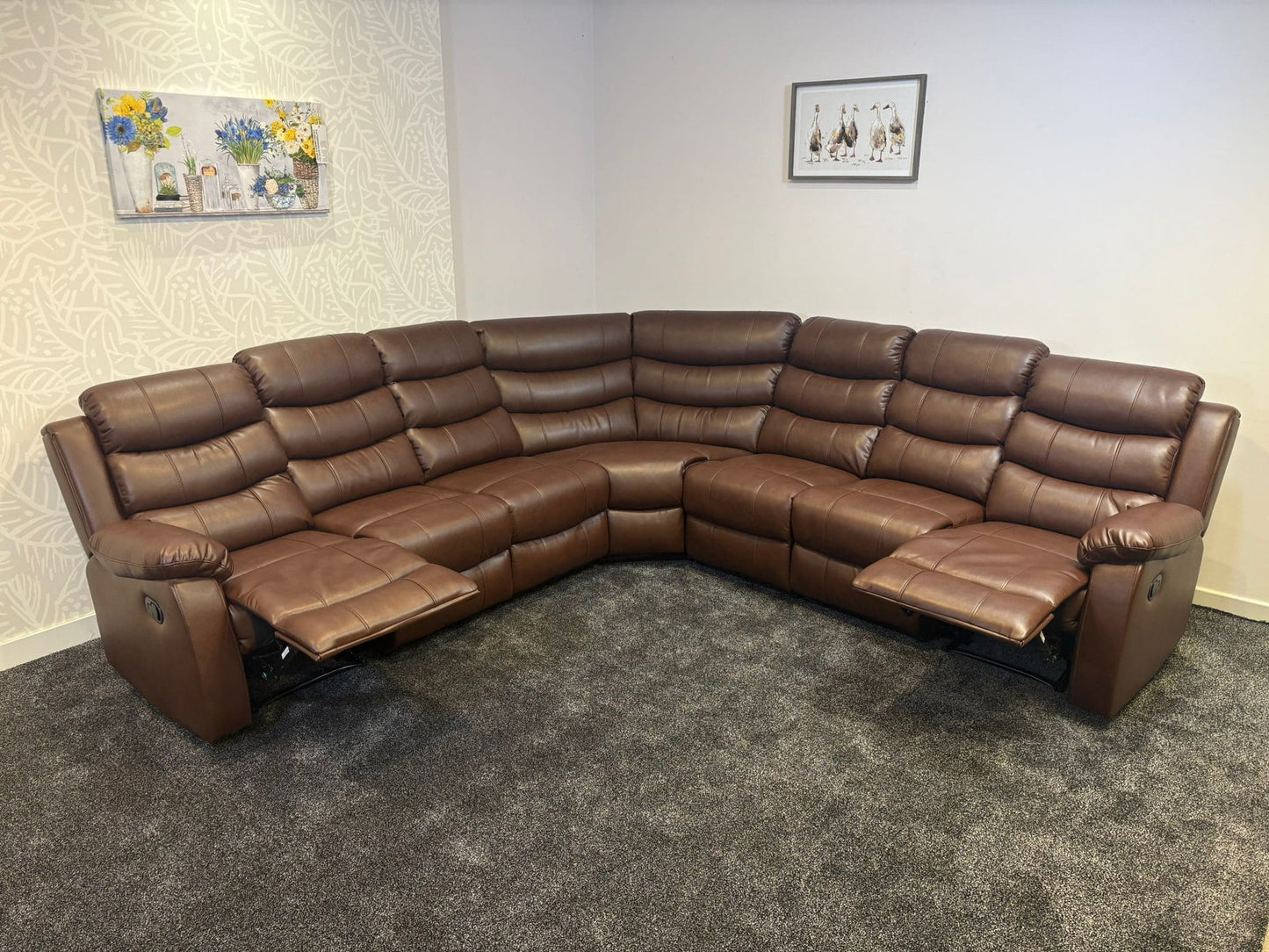 "Lando" Brown Leather 3C3 Recliner Corner Sofa | Drinks Tray Table x 2 | Modular