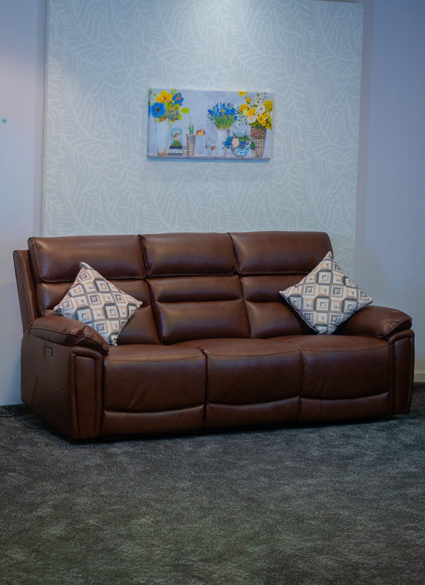 Donald Brown Leather Electric / Power Reclining 3 Seater + 2 Seater Sofa Set With USB Charging Ports & Drop Down Tray Table