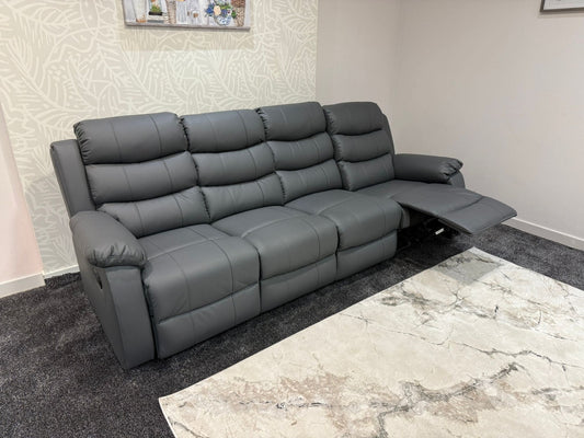 Lando Grey Leather 4 Seater Sofa | Fold Down Tray Table, High Headrest & Seating Position Couch
