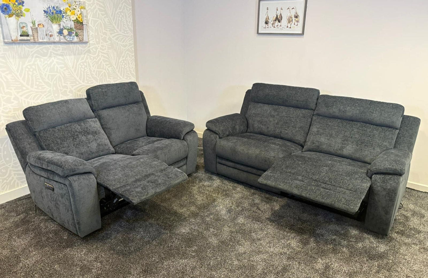 "Barretta" Electric / Power Reclining Grey Fabric Sofa Set - USB Charging & Drinks Tray Table