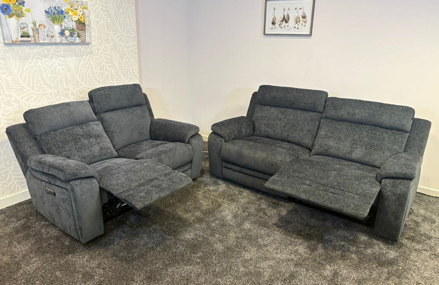 "Barretta" Electric / Power Reclining Grey Fabric Sofa Set - USB Charging Ports