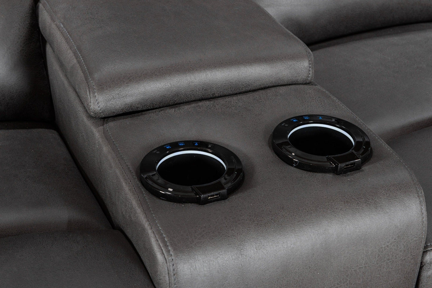 Donald Grey Suede Fabric Electric / Power Reclining 2 Seater With Drinks Console Sofa With USB Charging Ports & Drinks Coolers