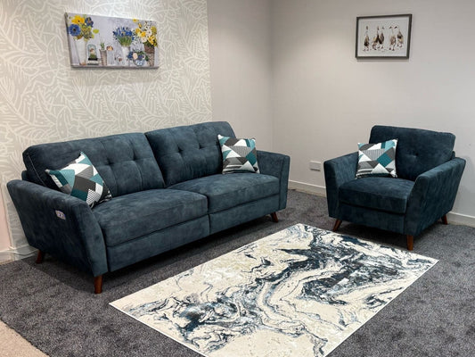 DFS Electric Recliner Ocean / Blue Plush Velvet Fabric 3 Seater Sofa + Armchair