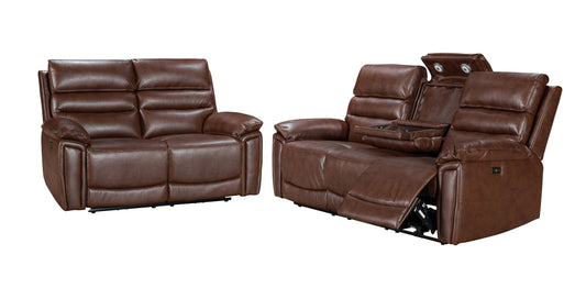 Donald Brown Leather Electric / Power Reclining 3 Seater + 2 Seater Sofa Set With USB Charging Ports & Drop Down Tray Table