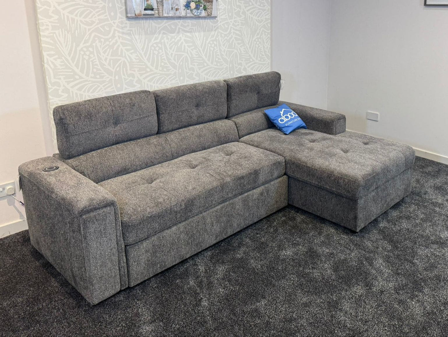 RHF Grey Fabric Sofa Bed + Storage Ottoman + Adjustable Headrests + Drinks Holder + Wireless Charger