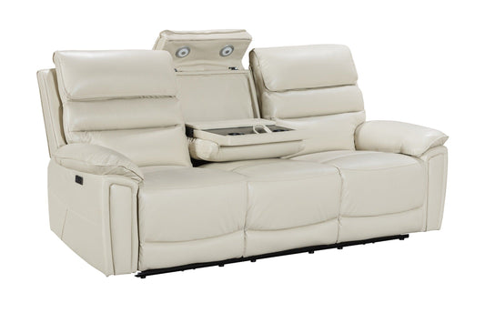 Donald Ivory Cream Leather Electric / Power Reclining 3 Seater Sofa With USB Charging Ports & Drop Down Tray Table