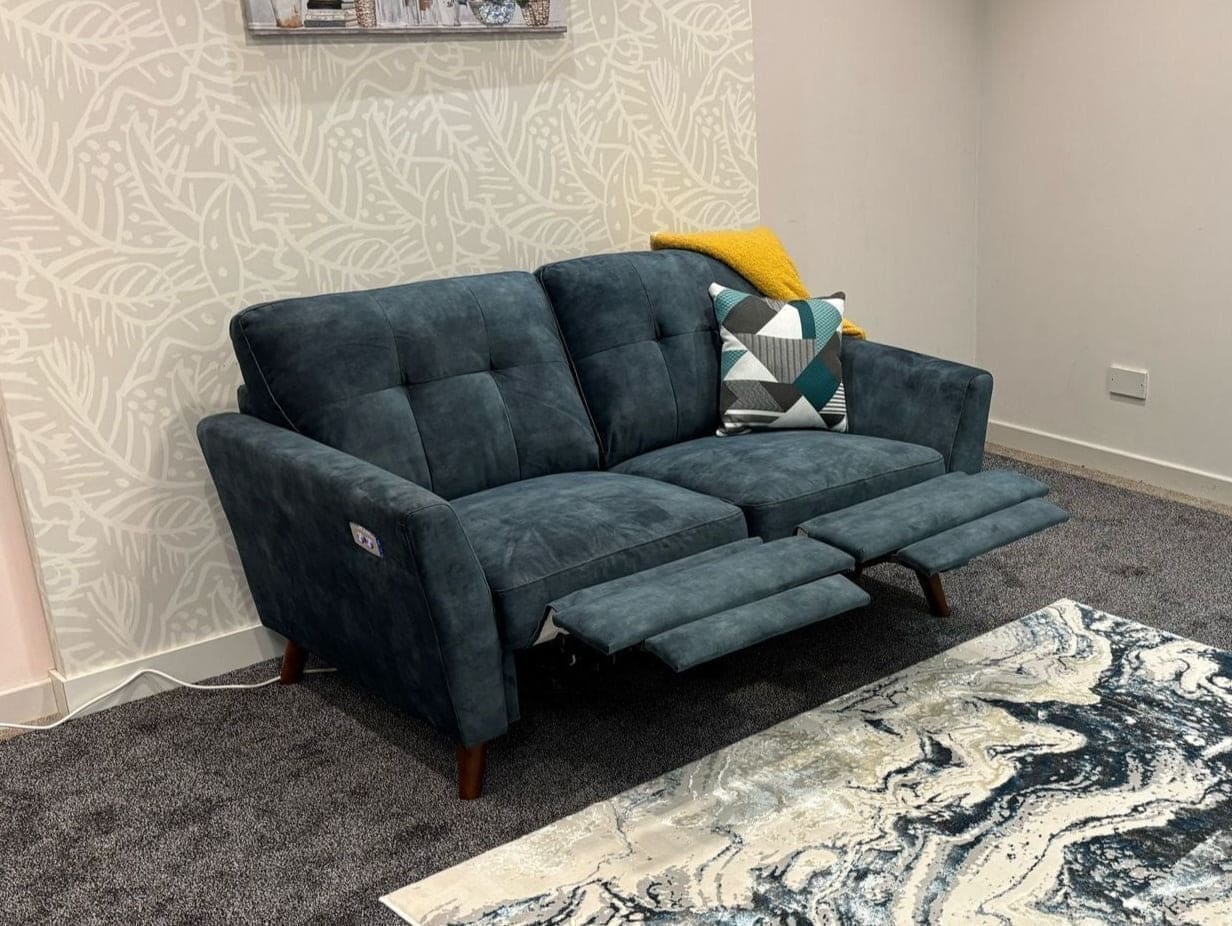 Tivoli Electric Recliner Ocean / Blue Plush Velvet Fabric 2 Seater Sofa + Armchair
