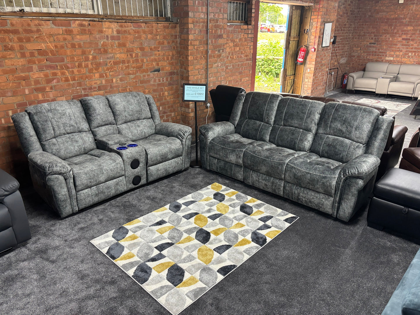 "GALAXY" Tech Grey ELECTRIC Plush Velour Velvet 3 + 2 Seater With Drinks Console Reclining Sofa Set Plus USB Charging Ports and drinks coolers cup holders