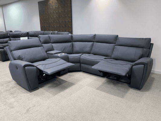 'Ronan' 2c1c Electric Recliner Easy Clean Microfibre Grey Tech Fabric Corner Sofa + Drinks Console + USB Charging Ports - Reversible